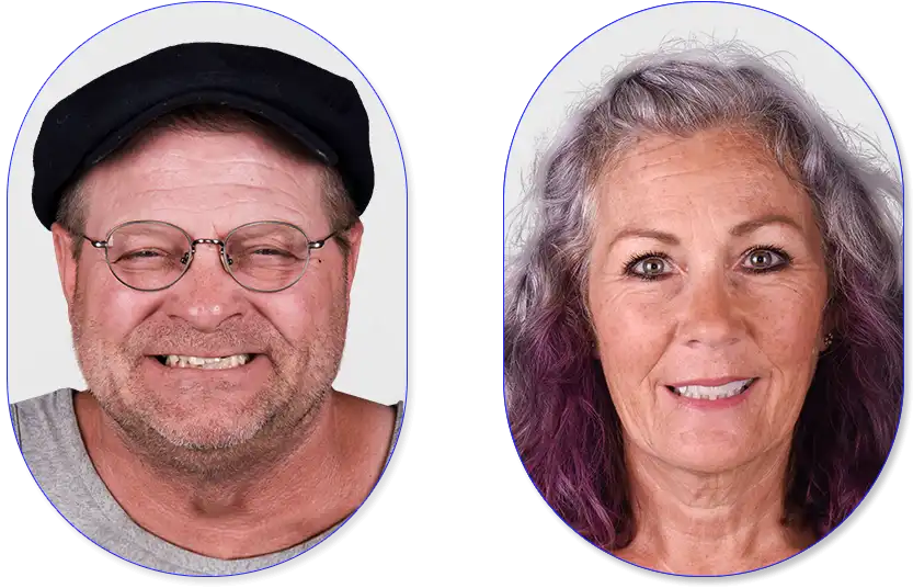 Pacientes masculino y femenino antes de recibir coronas dentales